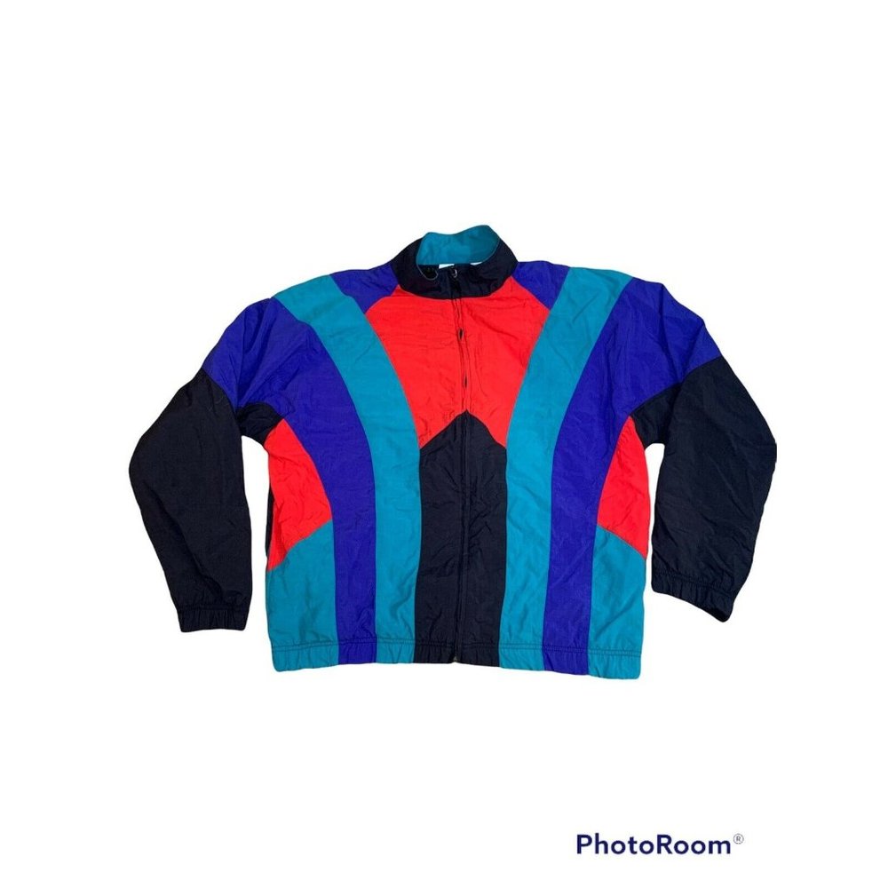 Vintage 90's Reebok Size L Zip Up Colorblock Windbreaker Red/Green/Purple USA